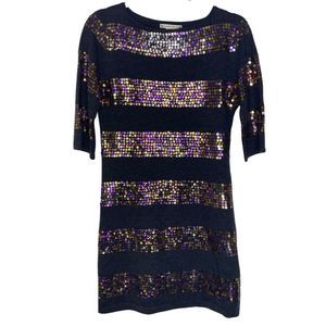 Nanette Lepore Sequins Wool Black Dress | Purple & Metallic | Sz S | 100% Merino